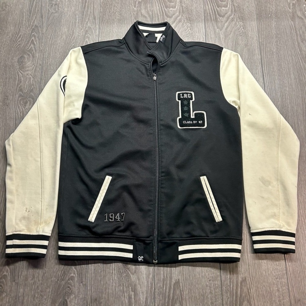 LRG Varsity Track Jacket Mens XL Black Cream Y2K Full Zip Collegiate Patch